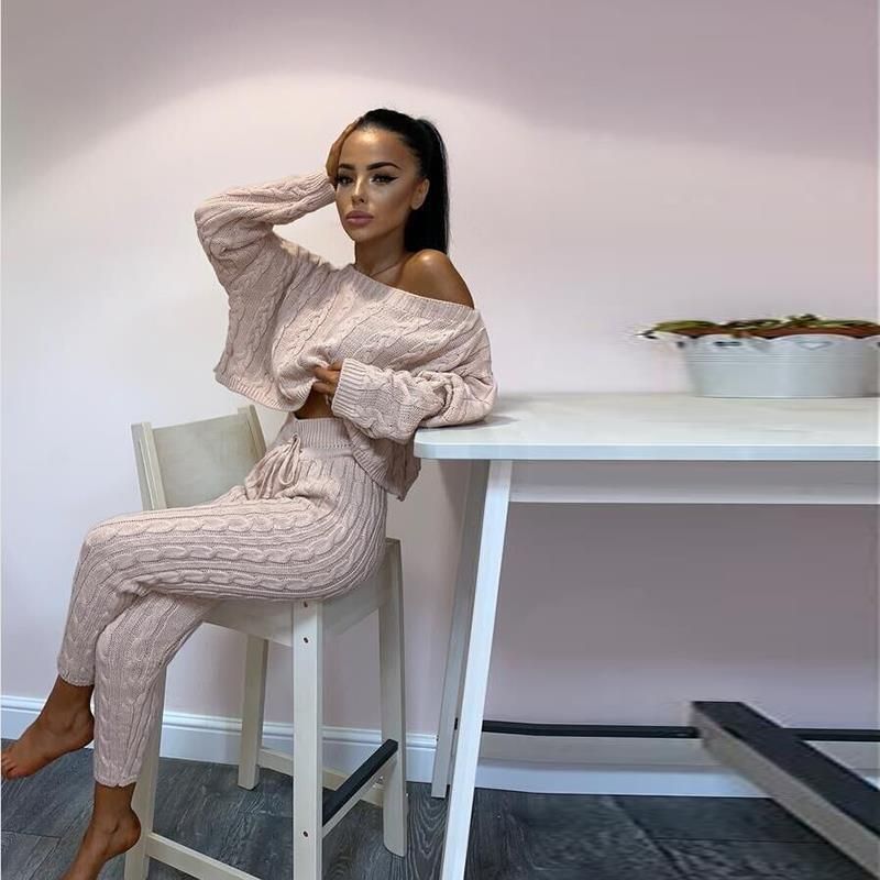 Women's fashion set crew-neck wool-knitted trousers long-sleeved set sweater_voghion.com