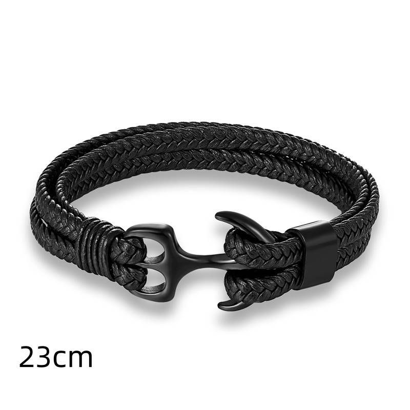 Bracciale in acciaio inossidabile con ancora intrecciata in pelle di mucca nera da uomo in titanio, 1 pezzo_voghion.com