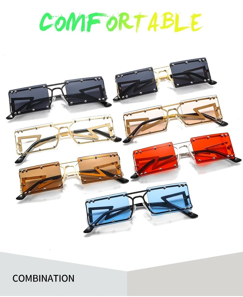 D&T New Rectangle Sunglasses Women Men Rivet Decoration Square Metal Frame PC Colorful Lens Brand Designer Trend UV400_voghion.com