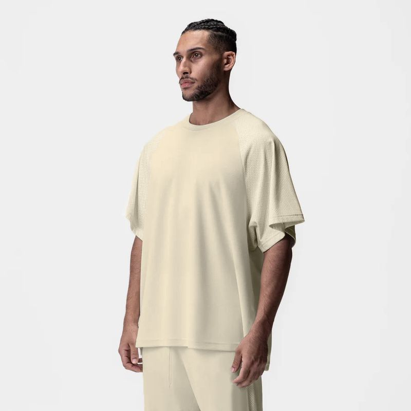 T-shirt de sport à manches courtes pour homme, style européen d'été, avec empiècement en maille gaufrée, séchage rapide, respirant et tendance._voghion.com