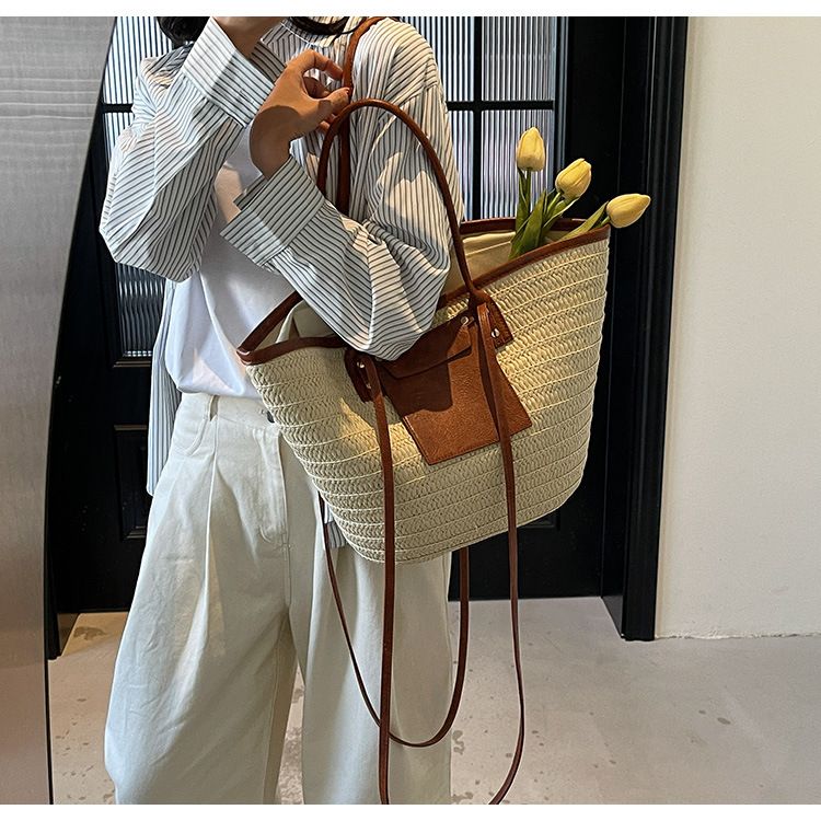 Ženska torba Bucket Bag, potovalna počitniška slamnata torba za veter, ženska modna tkana velika torba, velika torba za plažo_voghion.com