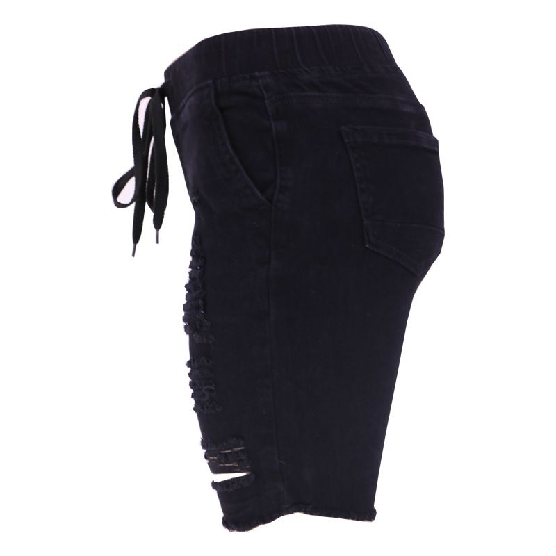 Jeans corti blu lavaggio medio elasticizzati a vita media strappati da donna_voghion.com