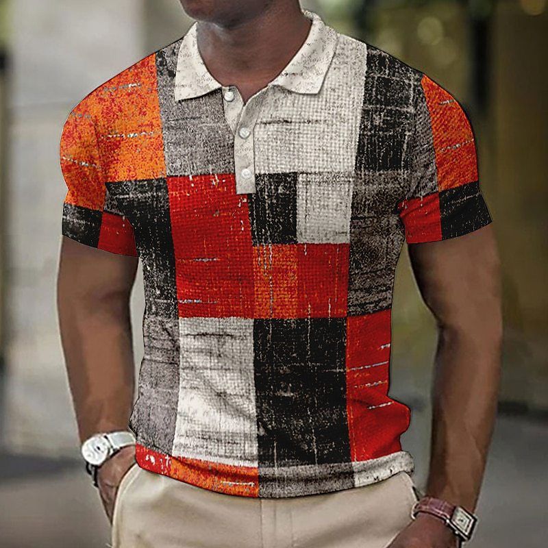 Men's Button-down Polo Shirt Plaid Pattern Turn-down Collar Trendy 3D Digital Print Short Sleeve Loose Casual Simple_voghion.com