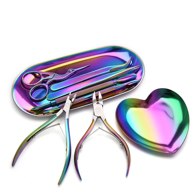 9Pcs/set Rainbow Stainless Nail Cuticle Pusher Tweezer Cutter Trimmer Clipper Scissor Dead Skin Manicure Pedicure Nails Art Tool_voghion.com