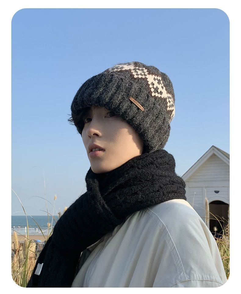Fleece-Lined Knitted For Men Fair Isle Knit Head Wrap Black Cold Autumn Winter Men's Wool Hat_voghion.com