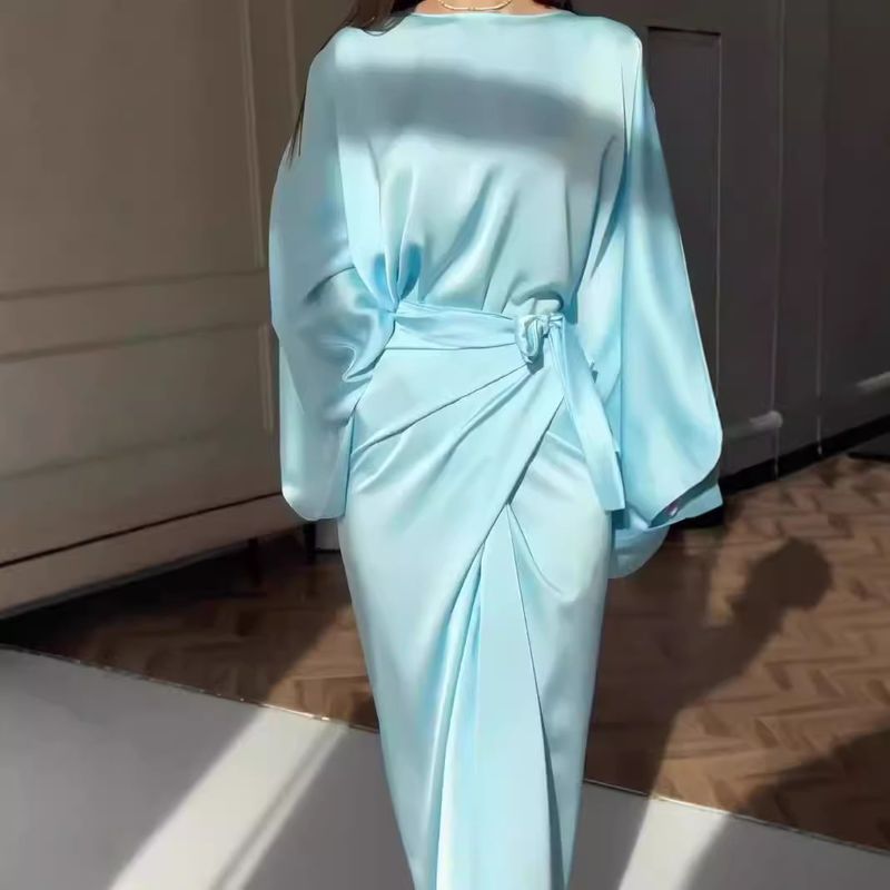Women's Clothing simple bat sleeve tie waist slim solid color dress for women_voghion.com