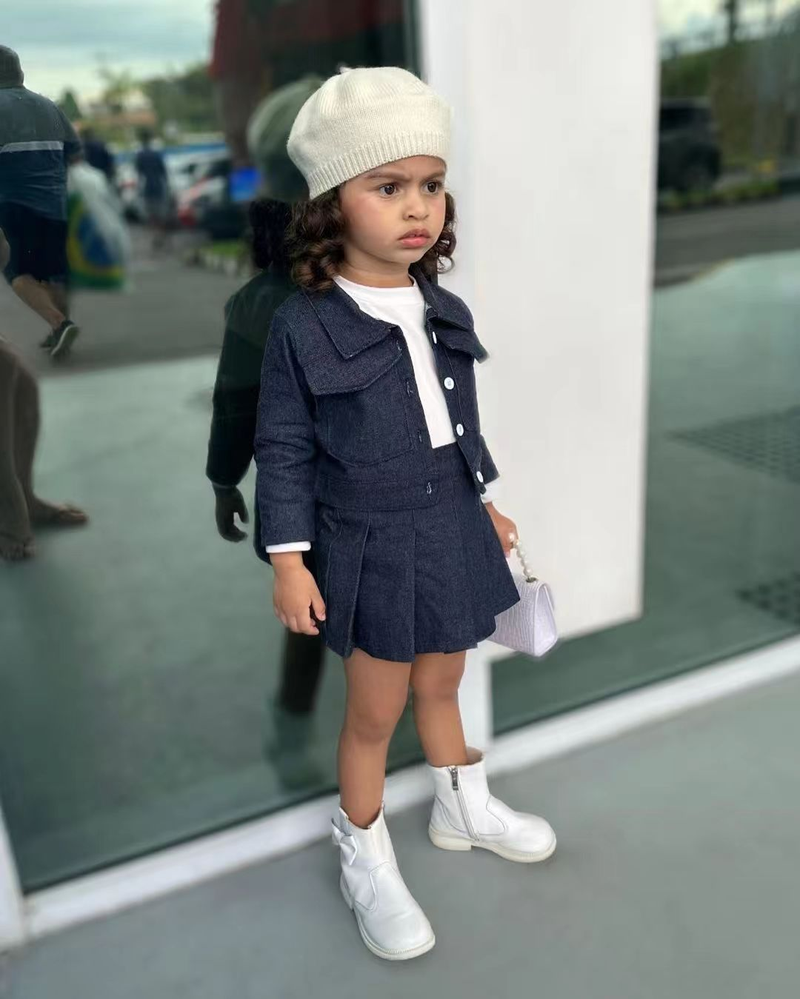 Ropa de bebé Falda vaquera suave para niños, traje de falda plisada con top de manga larga estilo colegial_voghion.com