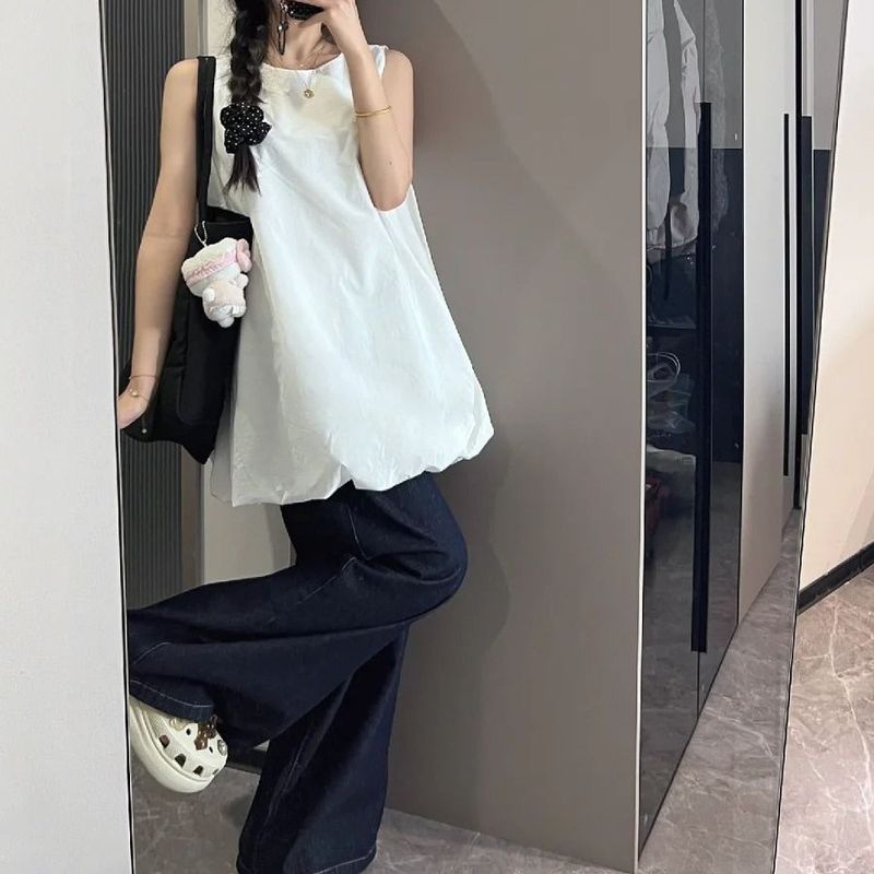 Gilet con maniche a lanterna in tinta unita per donna, nuovo abito senza maniche versatile a trapezio e snellente, alla moda estiva 2025_voghion.com