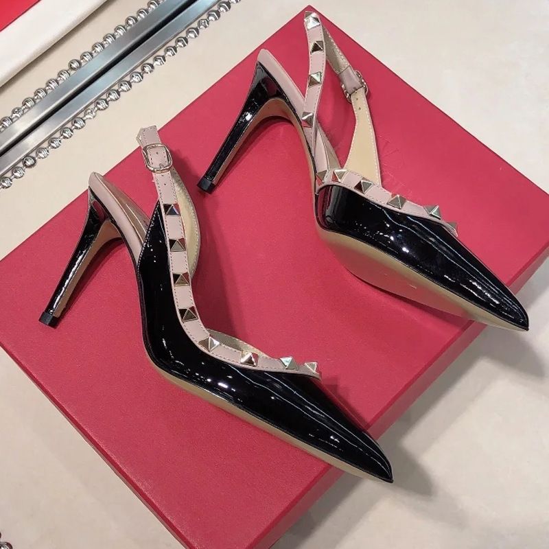 Correctly Labeled V Home Rivet High-Heeled Straight Strap Sandals, Pointed Mid High Leather Thin Heels, Toe Caps,_voghion.com