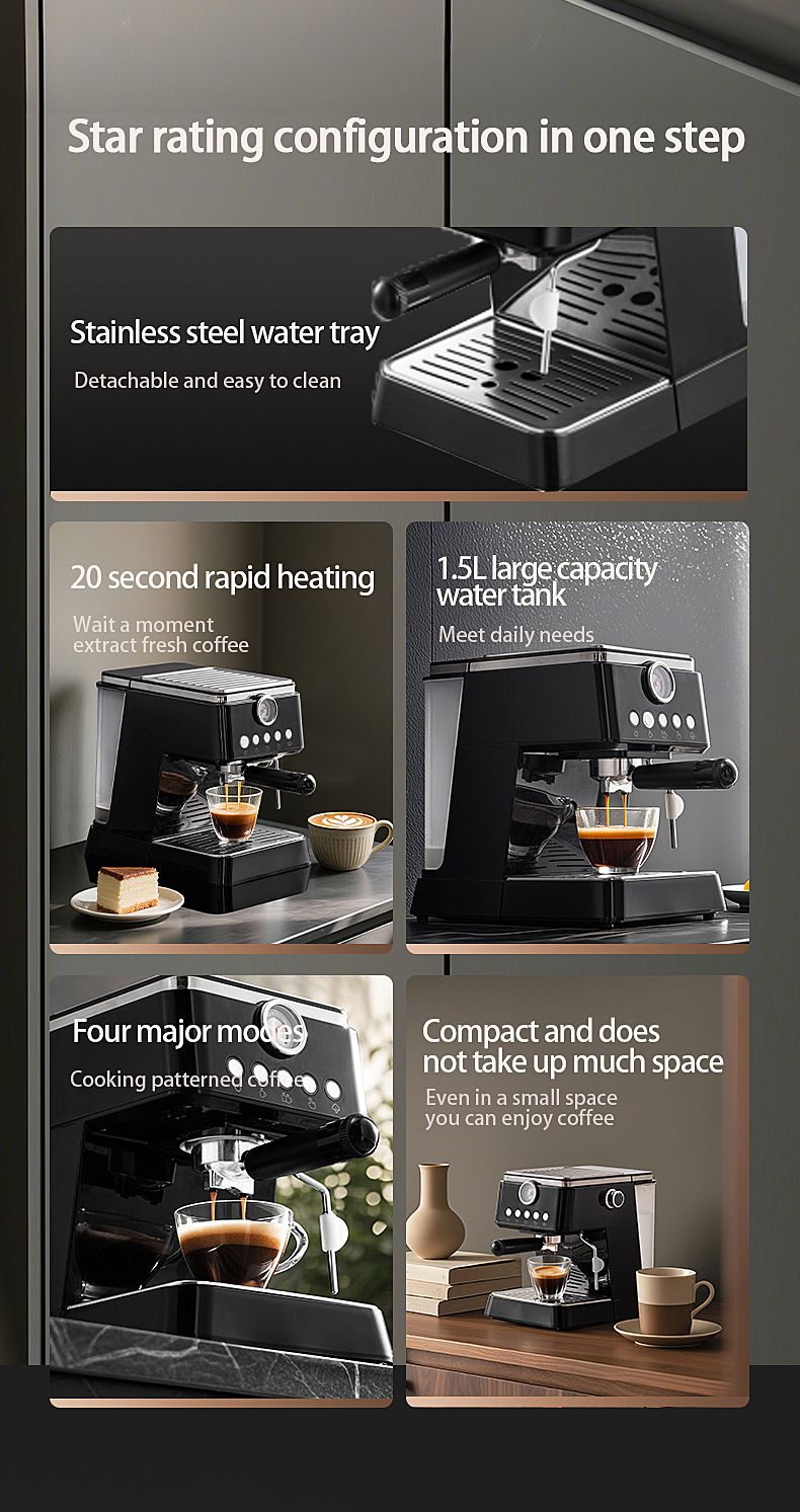 Macchina per caffè espresso semiautomatica per casa e ufficio, design compatto con montalatte a vapore, estrazione a pressione da 15 bar, serbatoio dell'acqua da 1,8 l_voghion.com