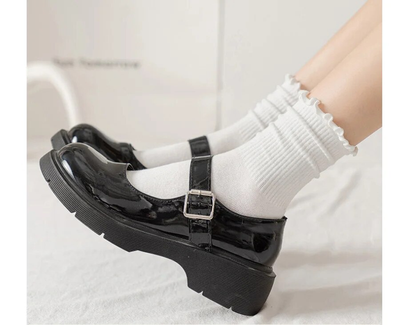 5 paia/lotto di calzini da donna in cotone con volant, a tubo medio, alla caviglia, traspiranti, neri e bianchi, set primavera autunno_voghion.com