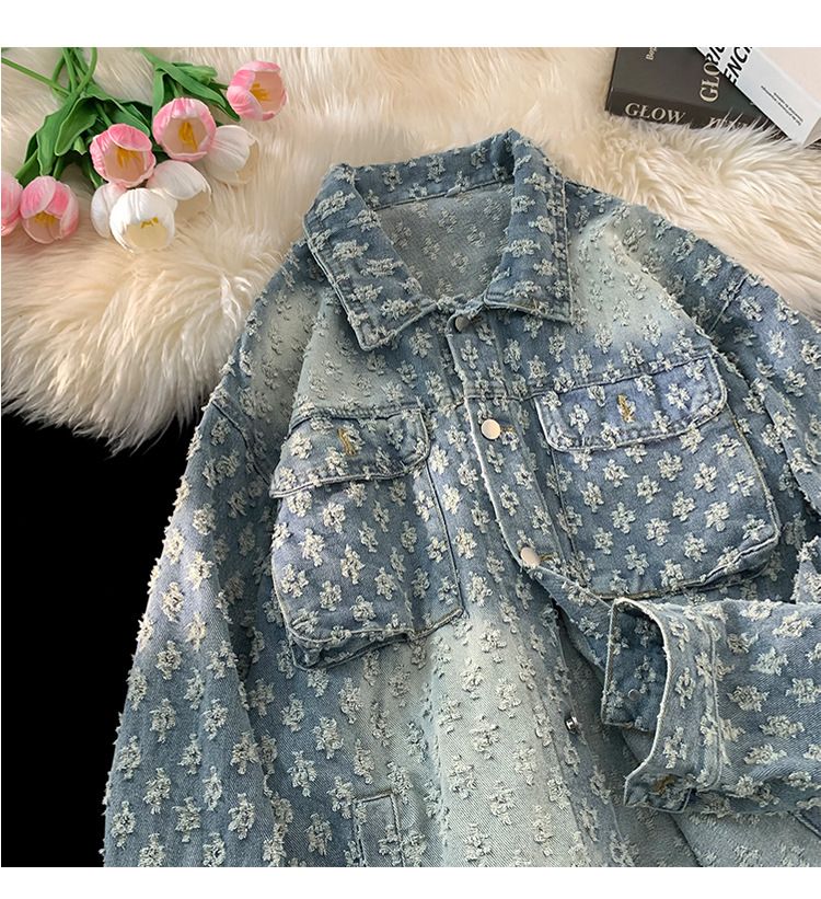 Herrenbekleidung Modemarke Retro Washed Distressed Jacquard Jeansjacke Lockere, lässige, vielseitige Paarjacke mit Volldruck_voghion.com