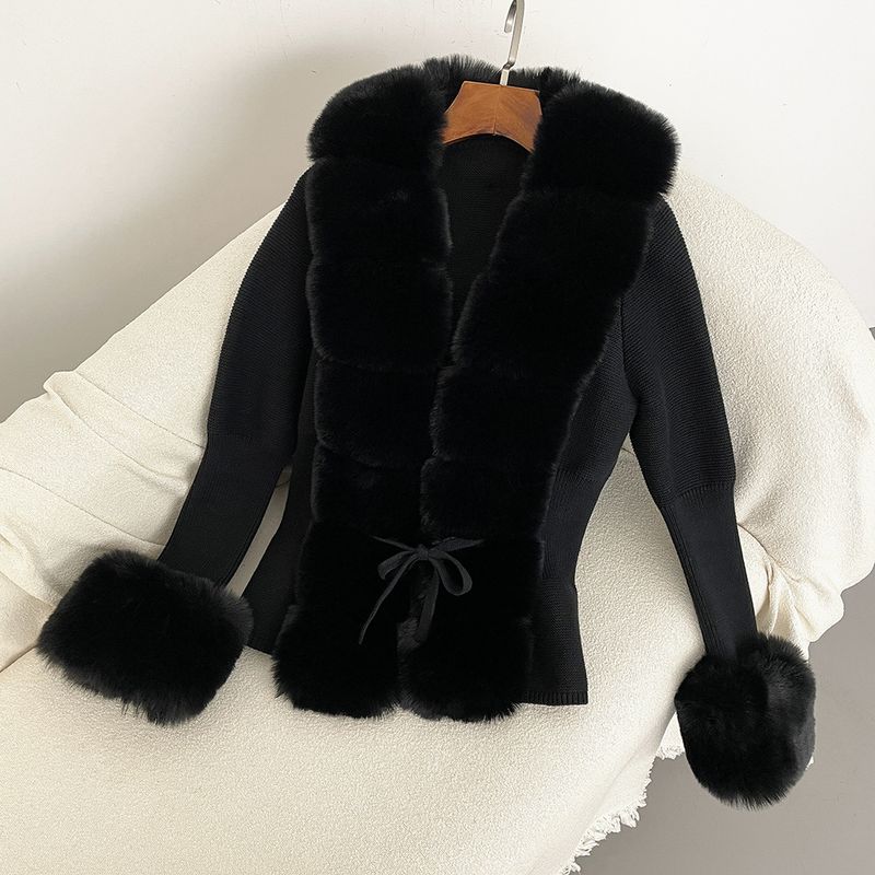 Damenbekleidung Herbst und Winter Strickpullover Pelz Knopfleiste Manschetten Abnehmbarer Strickpullover_voghion.com