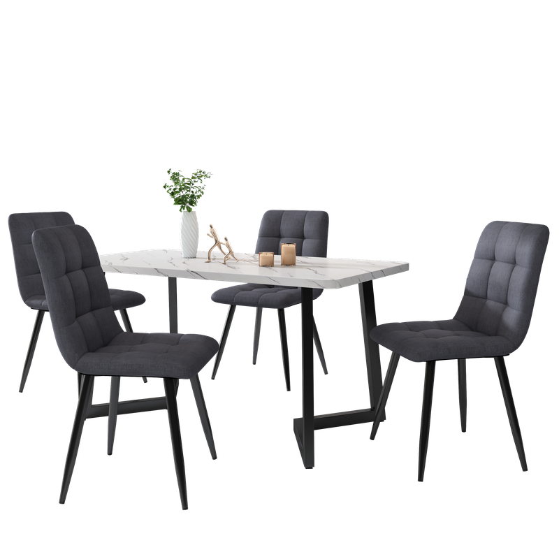 117cm Esstisch Mit 4 Stühlen Set, Rechteckiger Esstisch Moderner Küchentisch Set ,Dunkelgrauer Leinen Esszimmerstuhl,Schwarze Tischbeine_voghion.com