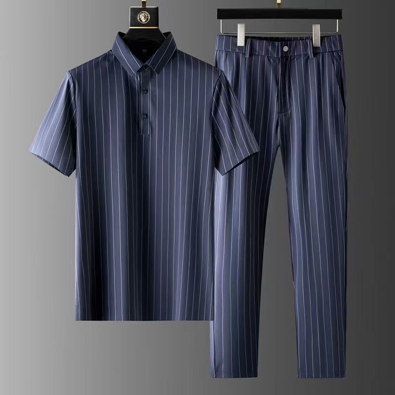 Men's Clothing High End Business Casual Suit Men's Summer Ice Silk Short Sleeved Thin Striped Two Piece Suit Men_voghion.com