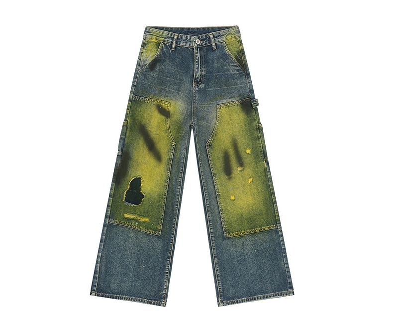 EF JEANS | 2024 New Product, American High Street Loose Mopping Old Retro Tie-dye Ripped Jeans Tide_voghion.com