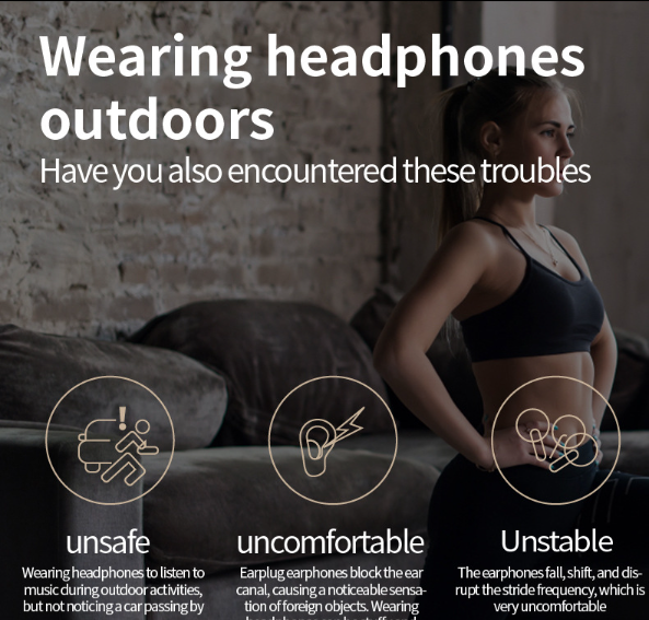 Fone de ouvido de condução de ar de ouvido único, fone de ouvido sem fio com clipe aberto Fasion, confortável de usar, fone de ouvido sem fio de longa duração da bateria_voghion.com