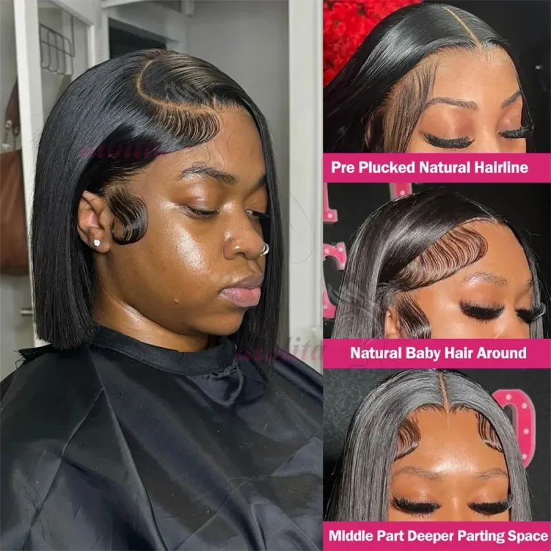 Kort Bob Paryk Brasiliansk Hår Glat Ægte Hår Lace Frontal Parykker Til Kvinder 13x4 HD Lace Parykker Ægte Hår_voghion.com