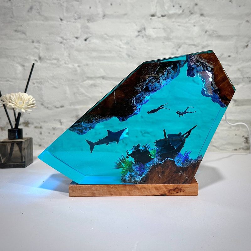 Great White Shark And Couple Divers Night Light Diving Unique Summer Gift For Him_voghion.com