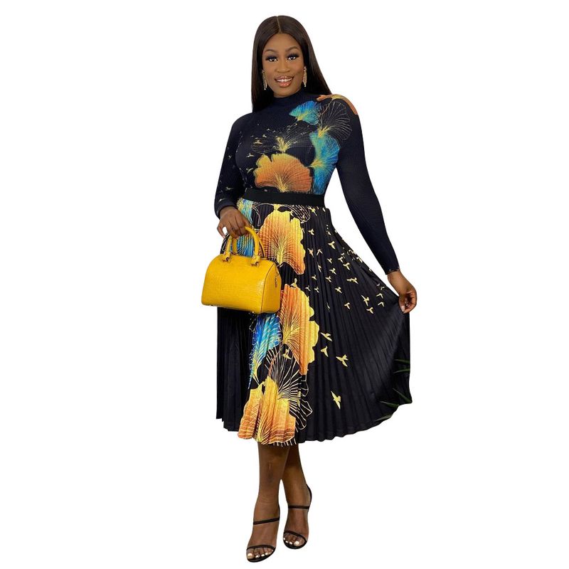 Maglietta attillata classica da donna, plissettata, alla moda, stampata, lavorata a maglia con motivo a mais + gonna ampia a vita alta_voghion.com