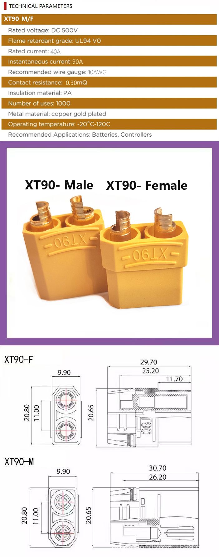Cavo di collegamento con spina di conversione maschio-femmina XT90 12/10AWG con prolunga in silicone, connettore per batteria_voghion.com