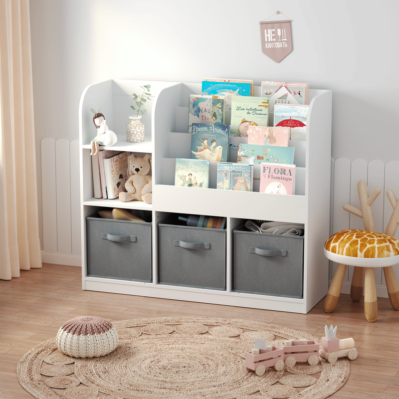Kids Bookcase And Bookshelf, Multifunctional Bookcase With 3 Collapsible Fabric Drawers, Bookcase Display Stand, Toy Storage Organizer For Bedroom, Playroom, Hallway (White/Gray)_voghion.com