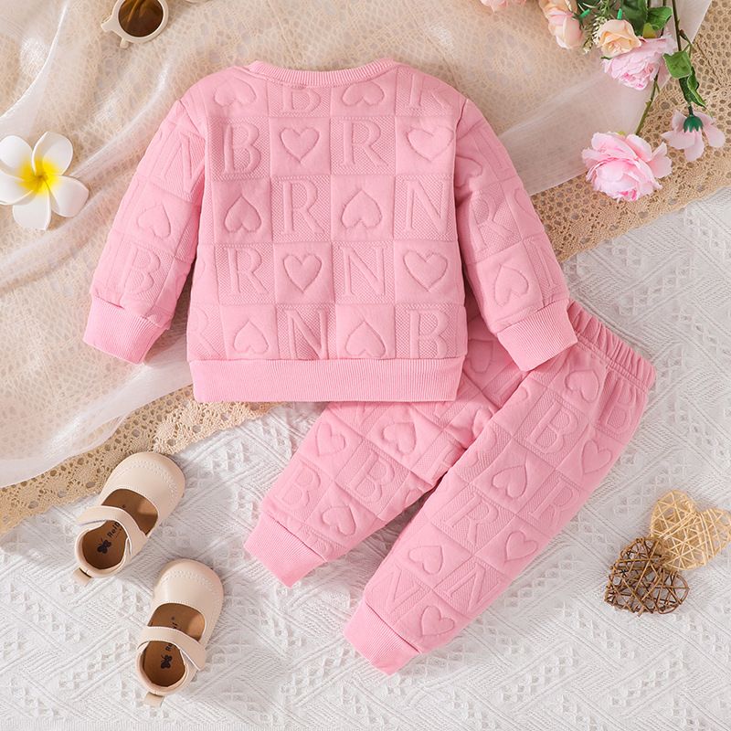 Conjunto de duas peças para bebês meninas, 225, primavera e outono, com gola redonda e manga comprida, calça estampada com letras, disponível em estoque_voghion.com