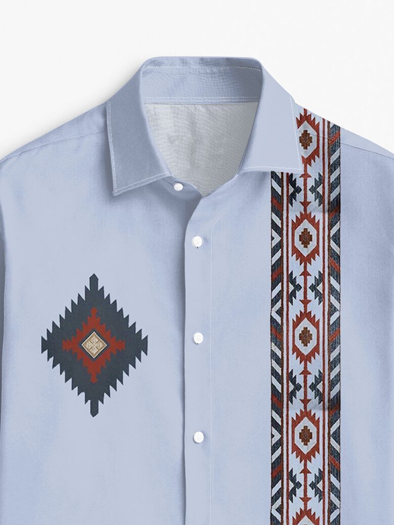 Herren-Langarmhemd mit Print – Lässiges Button-Down-Hemd mit ethnischem Muster, Stretch-Polyester, maschinenwaschbar, normale Passform für Frühling und Herbst_voghion.com