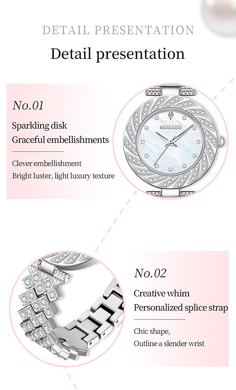 Women's Elegant Waterproof Quartz Watch With Mother-of-Pearl Dial And Diamond Accents, Minimalist Round Wristwatch For Daily Wear_voghion.com