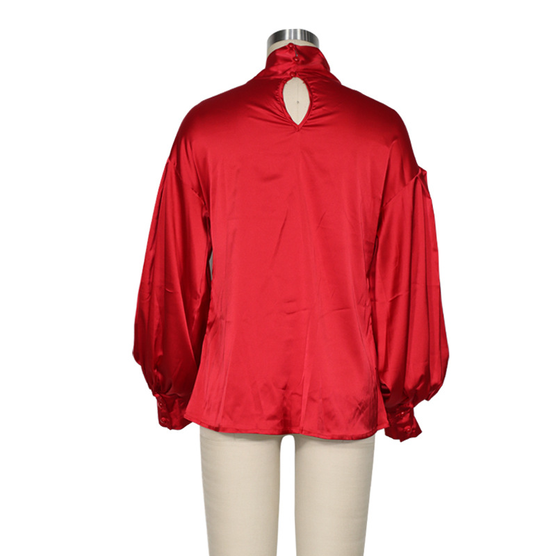 Women's Casual Shirt With Christmas Satin Tie Top In Solid Color_voghion.com