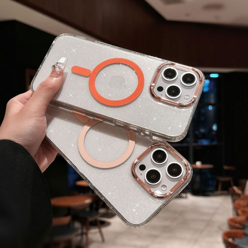 Glitter Magnetic Phone Case For IPhone 15/16 - Premium Electroplated Transparent Cover With Large Camera Cutouts (Gold Sparkle)_voghion.com