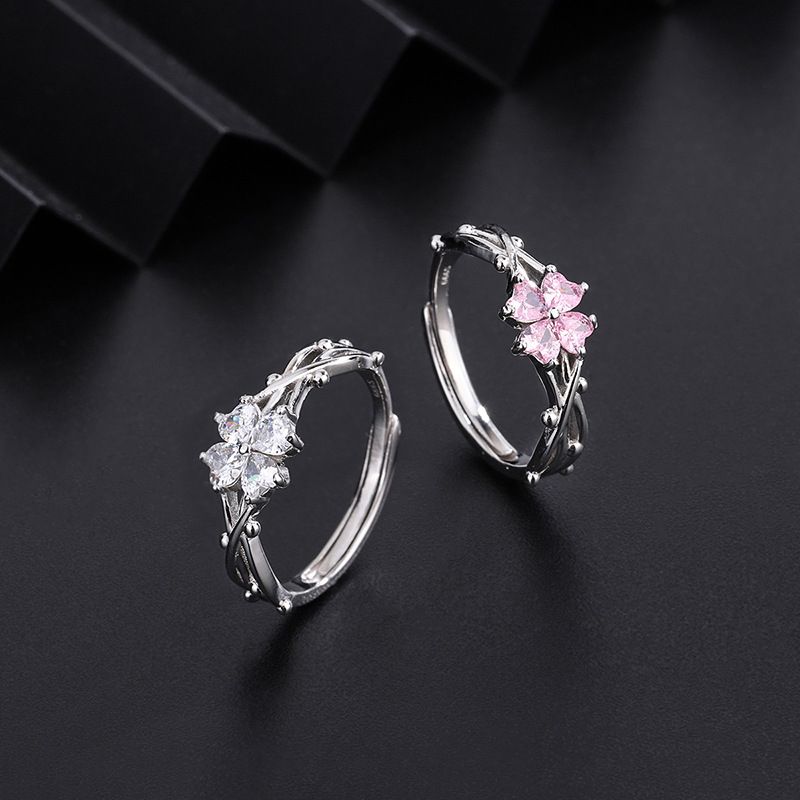 Anel de trevo de quatro folhas de espinho de prata esterlina S999, anel ajustável de personalidade da moda feminina, anel retrô de dedo indicador da floresta_voghion.com