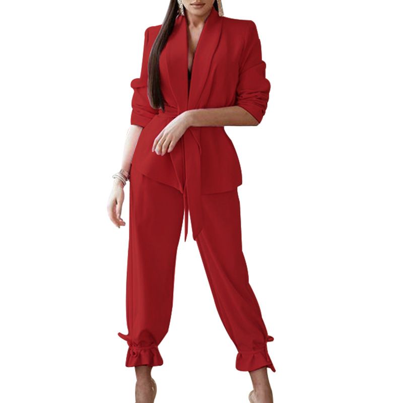 Costume deux pièces décontracté de couleur unie pour femmes_voghion.com