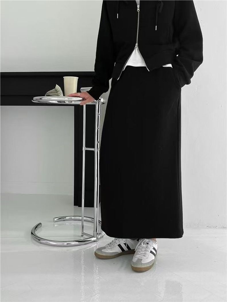 Tuta sportiva casual da donna ActiveGo autunno e inverno, felpa con cappuccio e giacca + gonna a mezza lunghezza snellente a vita alta_voghion.com