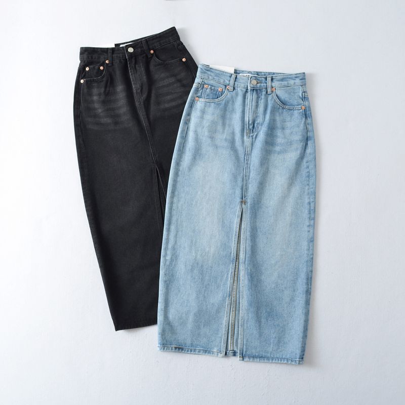 Jeansrock mit Schlitz vorne für Damen, neuer Retro-Hot-Girl-Stil, hohe Taille, schmaler, hüftgewickelter Midirock_voghion.com