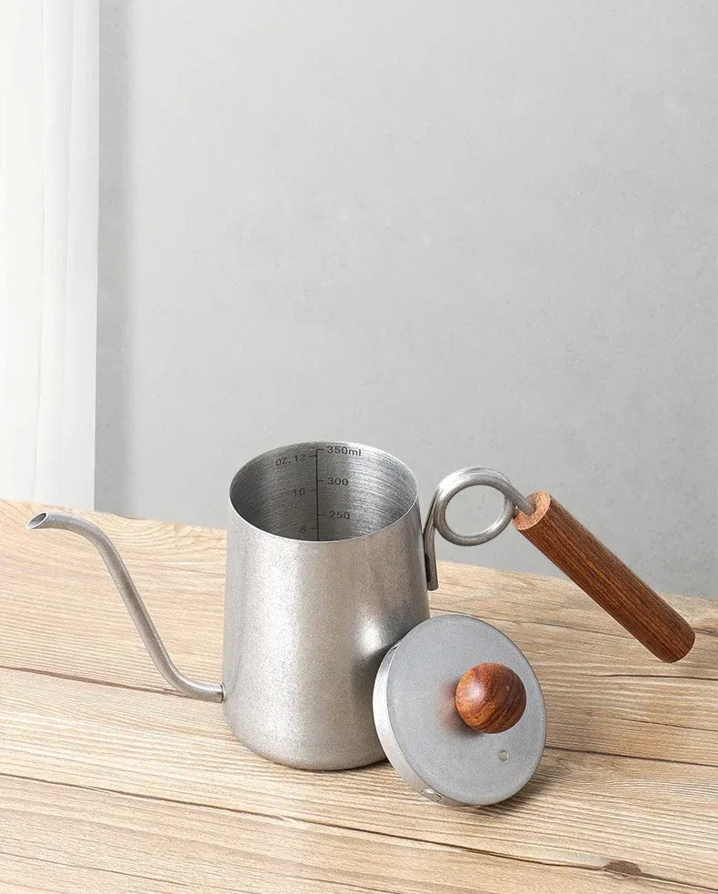 Caffettiera ad anello creativo in acciaio inossidabile 304, bollitore per caffè fatto a mano, teiera con manico in legno, caffettiera a collo di cigno con bocca stretta_voghion.com