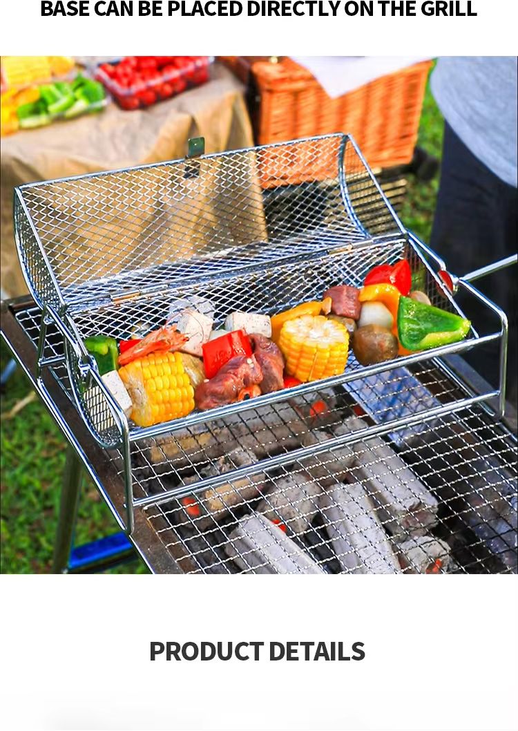 Roestvrijstalen Rollende BBQ-grill Mesh Basket Grill Rotisserie Basketrol Barbecue Kooi Kaffeebrander_voghion.com