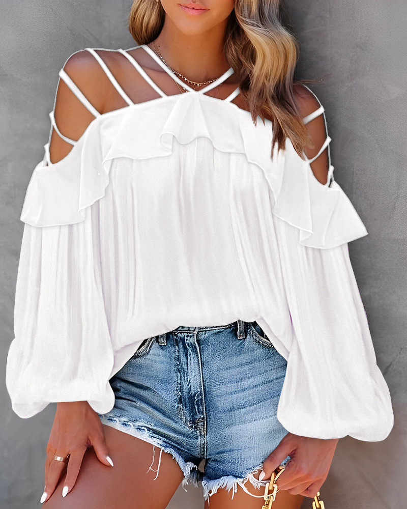 Top da donna a maniche lunghe con volant e spalle scoperte, vestibilità slim, molto venduto_voghion.com