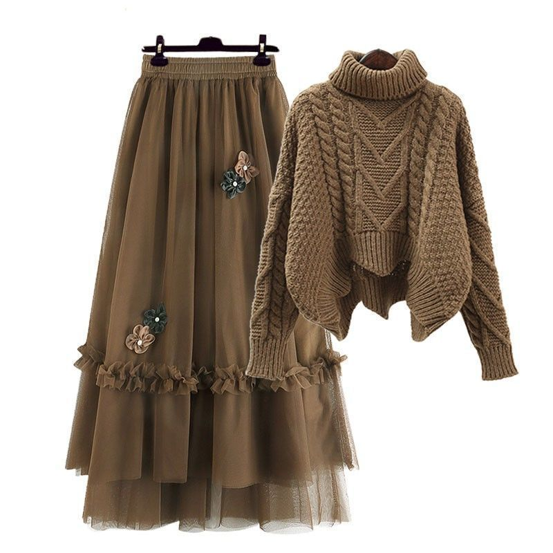 Women's Clothing Winter petite knitted sweater with winter skirt mesh skirt_voghion.com