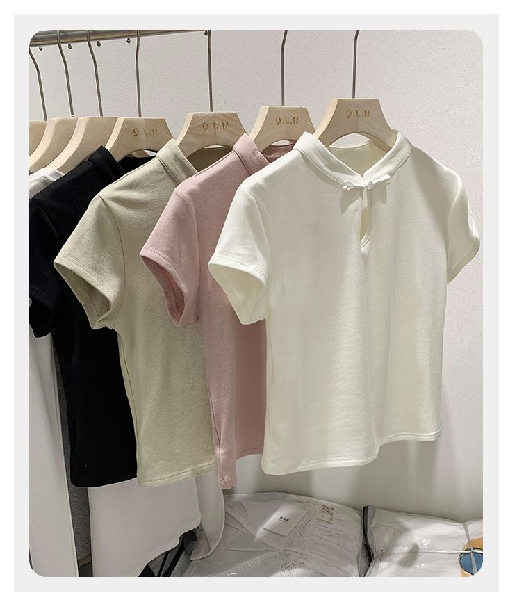 Women's Clothing national style design short-sleeved T-shirt women's summer stand-up collar button short top_voghion.com