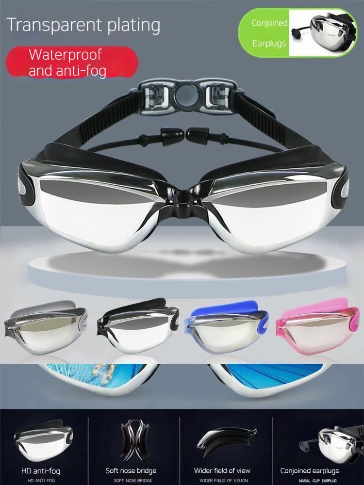 Ochelari de înot HD impermeabili, anti-ceață, miopie, pentru bărbați și femei, cu ramă mare, electrolizați, cu dopuri de urechi, lumină plată_voghion.com
