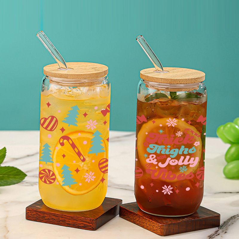 Modern Minimalist Christmas Glass Tumbler Set (16oz) – Eco-Friendly Borosilicate Cups With Bamboo Lids & Glass Straws (2-Pack, Leak-Proof)_voghion.com