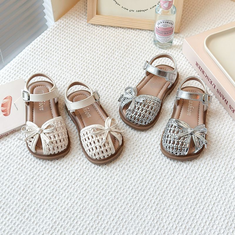 Sandales tissées à bout fermé pour enfants, chaussures de princesse à nœud de style coréen pour filles, assorties à la robe, nouvelle collection été 2025_voghion.com