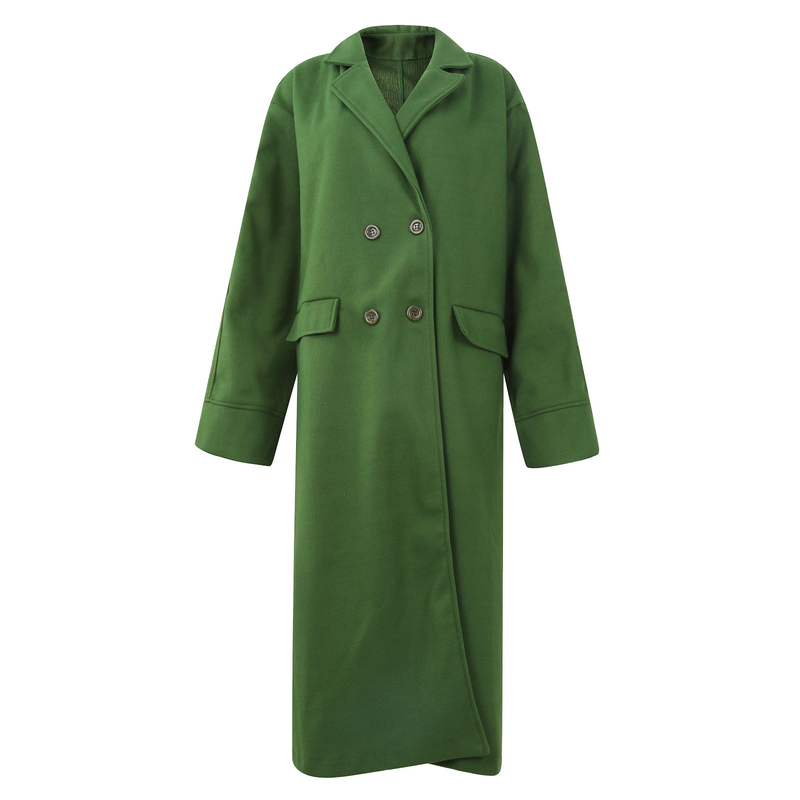 Temperamento de cor sólida feminino viajando solto casaco verde de lã sem lapelas_voghion.com