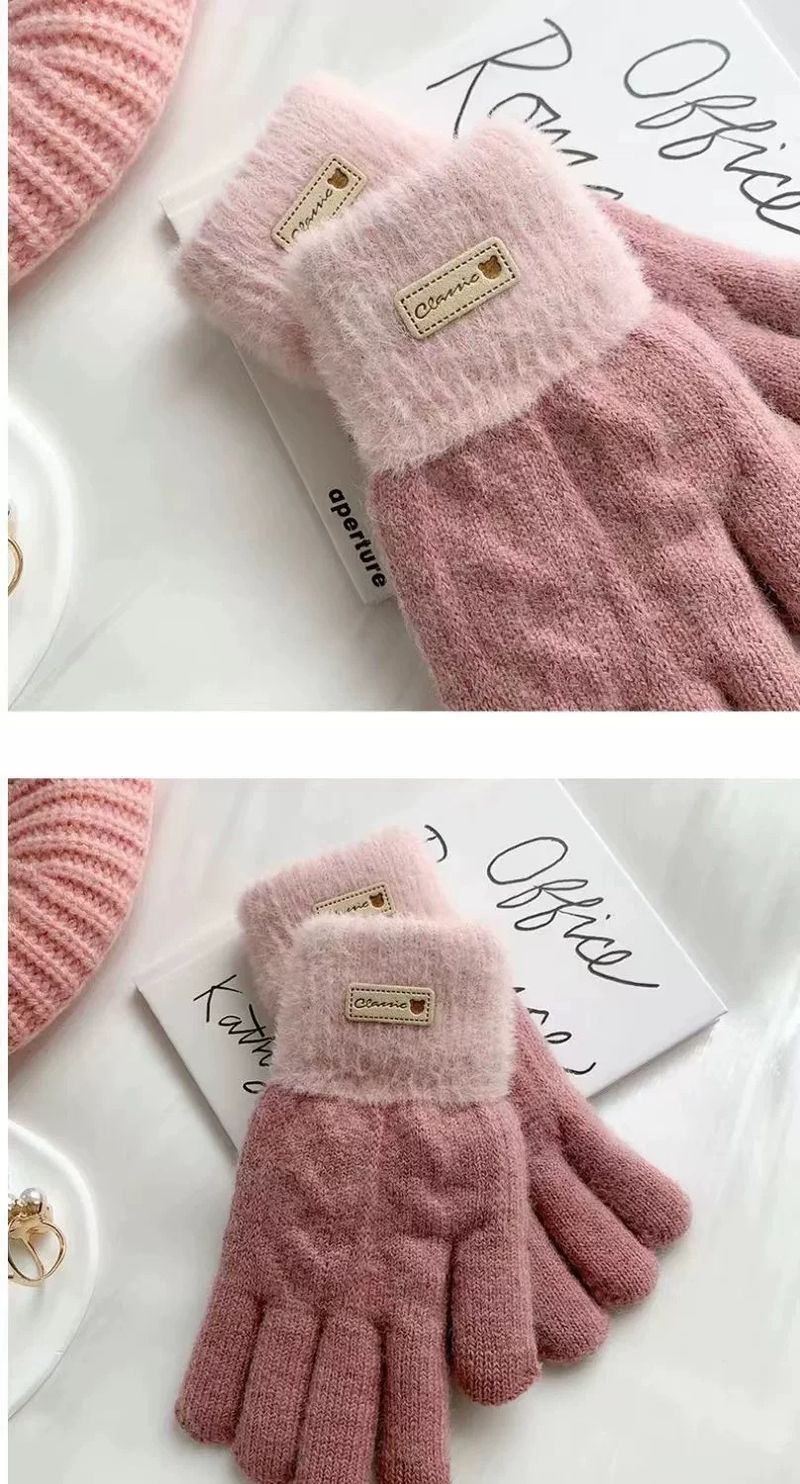 Guantes de lana de doble capa con cinco dedos para pantalla táctil, de felpa, para mujer, otoño-invierno, cálidos guantes de ciclismo de punto._voghion.com