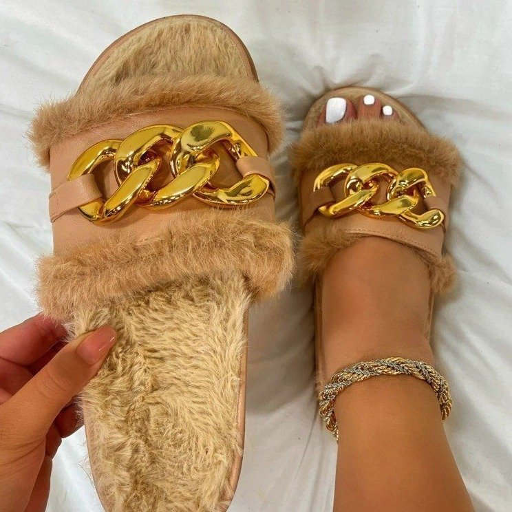 Women's furry slippers chain metal sandals women's casual outer slippers manufacturer wholesale_voghion.com