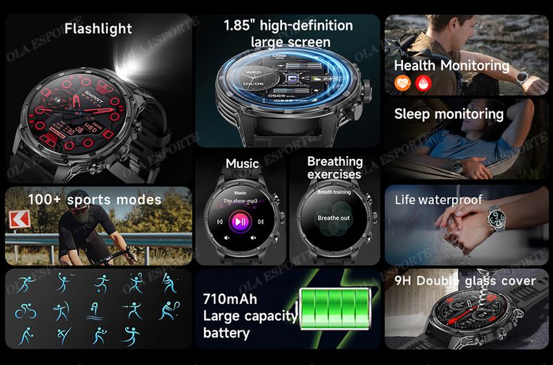 Montre connectée militaire pour hommes, 710 mAh, pour l'extérieur, GPS, boussole, fréquence cardiaque, lampe de poche LED, appels Bluetooth, sport_voghion.com