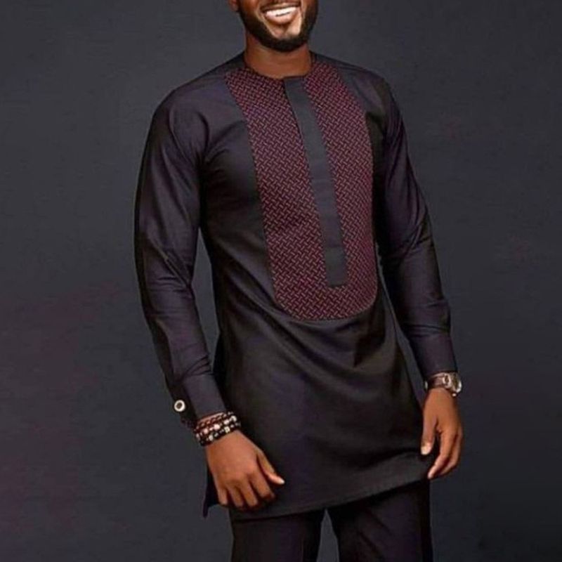 Herrenanzug im muslimischen neuen Ethno-Stil, bedrucktes Patchwork-Hemd und einfarbige Hose, Freizeitanzug für Herren_voghion.com