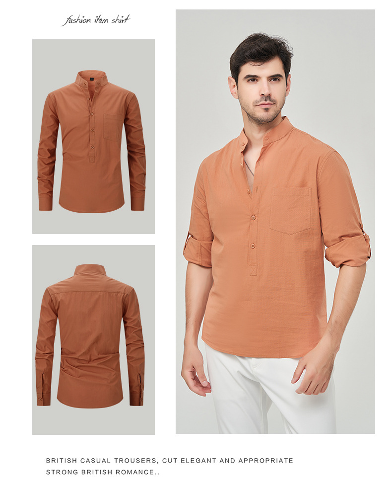 Abbigliamento Uomo Camicia Camicia Henry in cotone da uomo Camicia in lino con collo alto Camicia a maniche lunghe da uomo_voghion.com