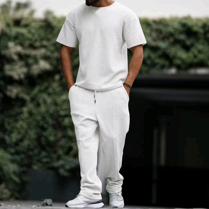 men's short-sleeved trousers suit heavyweight waffle oversize large size round neck casual suit_voghion.com